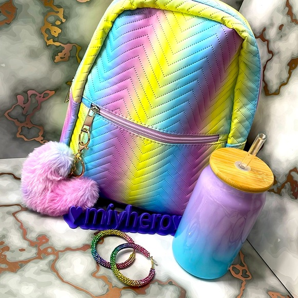 Accessories - 4pc RAINBOW SHERBET bundle with backpack, glass tumbler earrings & fur bagcharm
